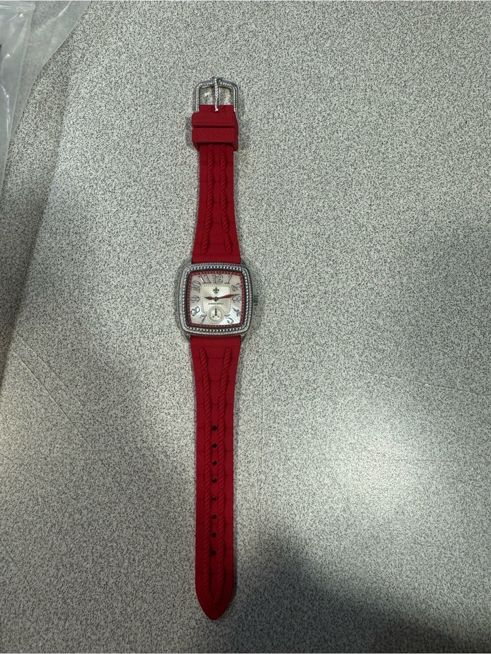New Judith Ripka Stainless Steel Square Dial Watch with Red Silicone Strap